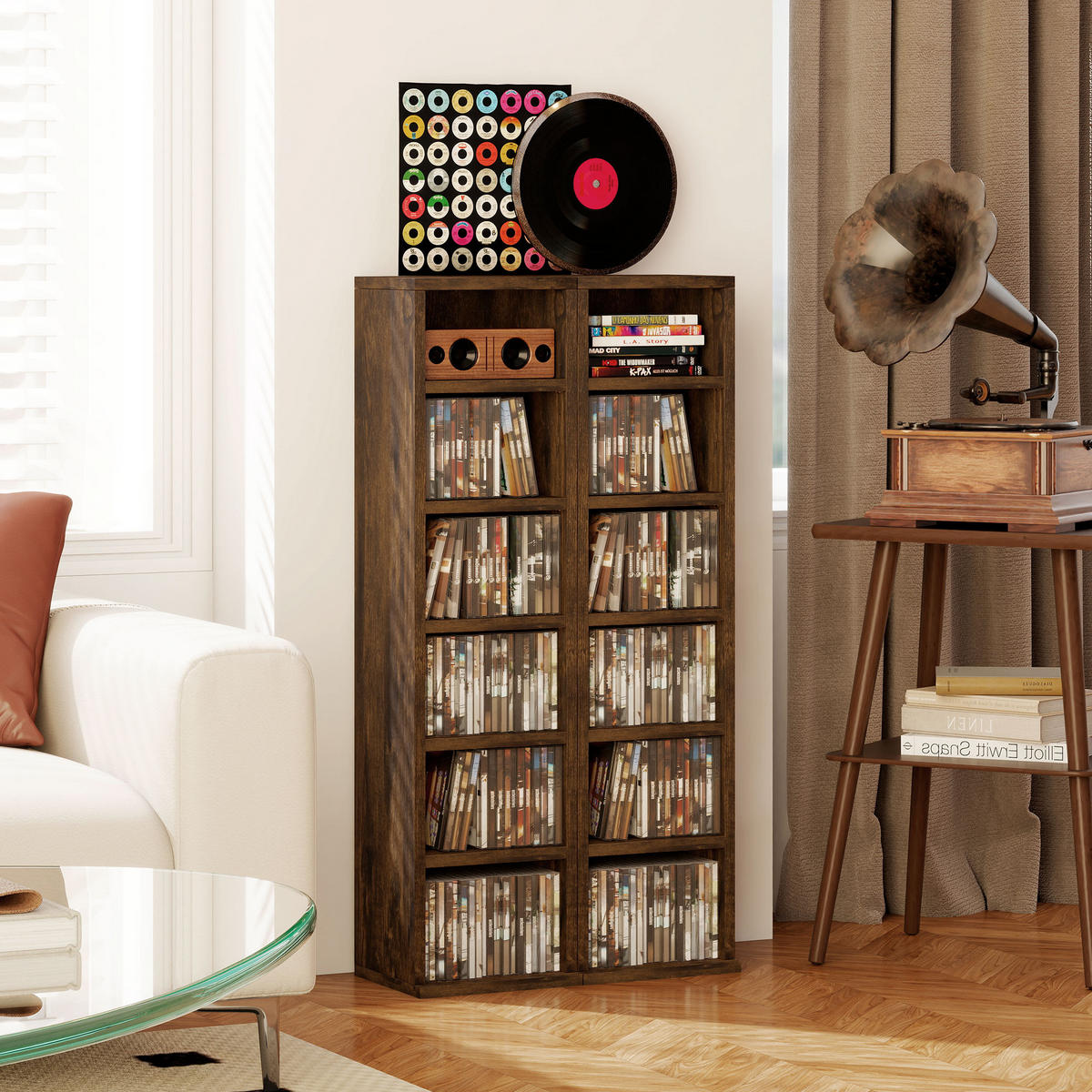 CD-REGAL 2er-Set DE-14441 12 Fächer für 204 CDs Rustikales Braun - Braun, Holzwerkstoff (22.5/88.5/21cm) - ComfortXL