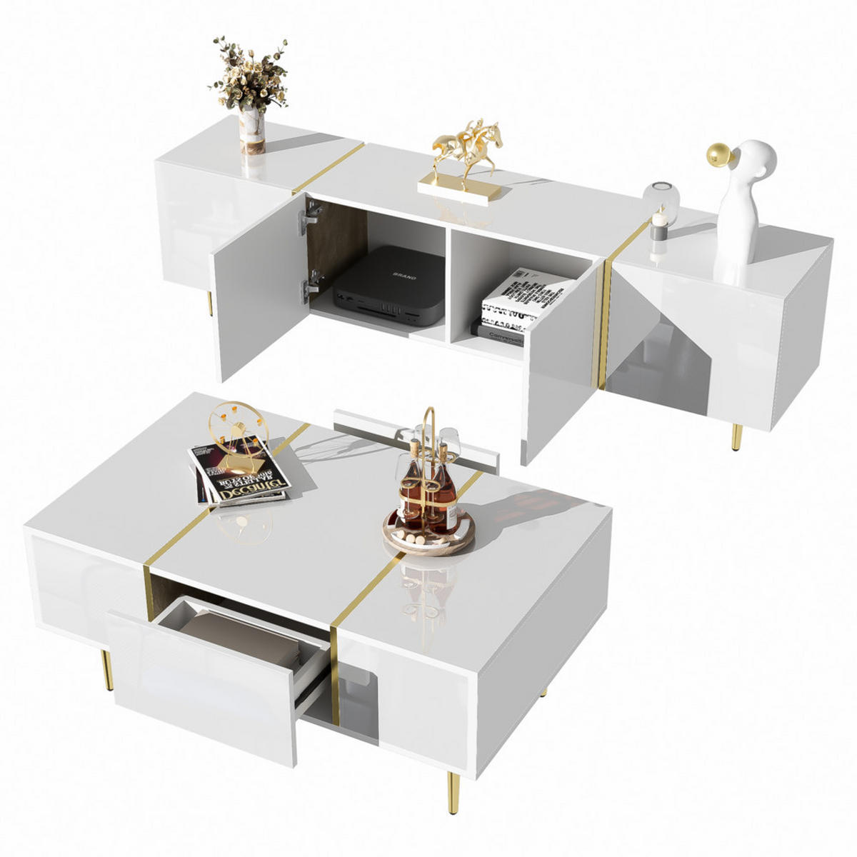 TV-SCHRANK SET Modern Hochglanzweiß mit Couchtisch - Weiß, Holz (69.6/14.99/112.4cm) - FLIEKS