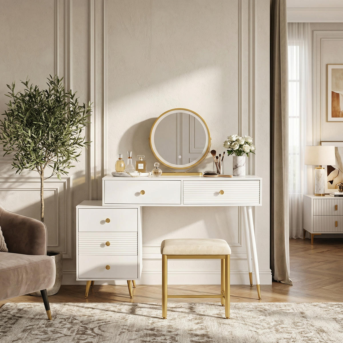 SCHMINKTISCH in Weiß mit LED-Touch-Spiegel & flexiblem Seitenschrank - Weiß, Holzwerkstoff (100/78/40cm) - Urban Meuble