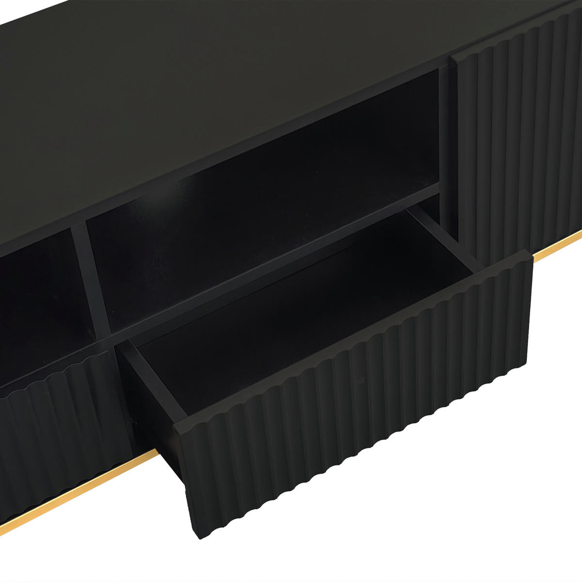 LOWBOARD in Schwarz TV-Schrank mit Schubladen und goldenen Füßen für Wohnzimmer, B165/T36/H55 cm - Goldfarben/Schwarz, Holzwerkstoff/Metall (165/55/36cm) - STILVORA