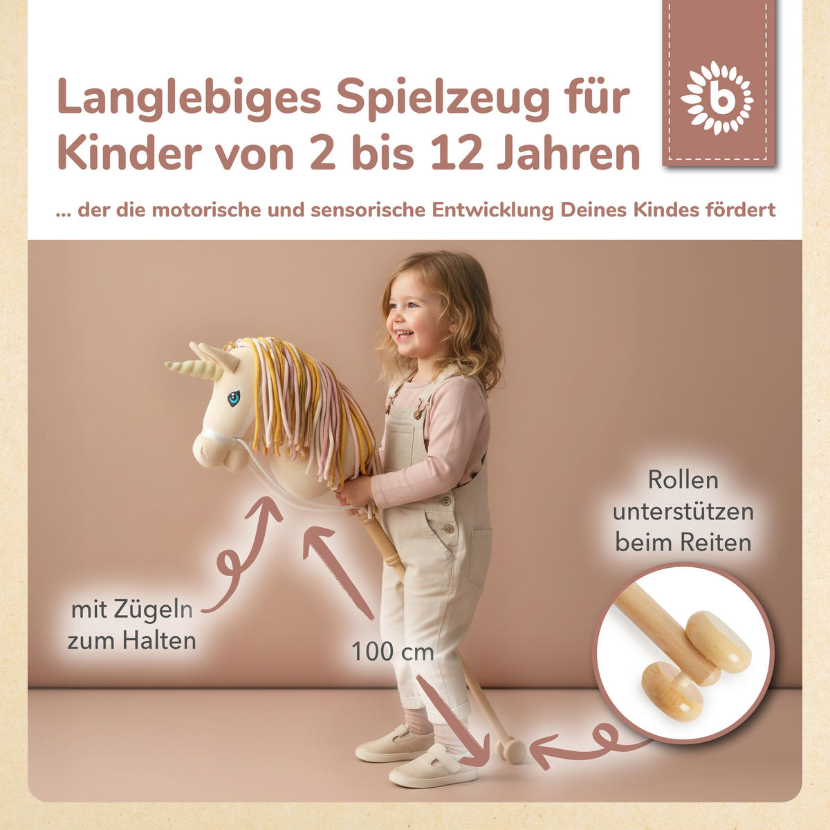 STECKENPFERD Einhorn Aurora aus Holz - Beige, Textil (33/92cm) - Bieco Spielwaren