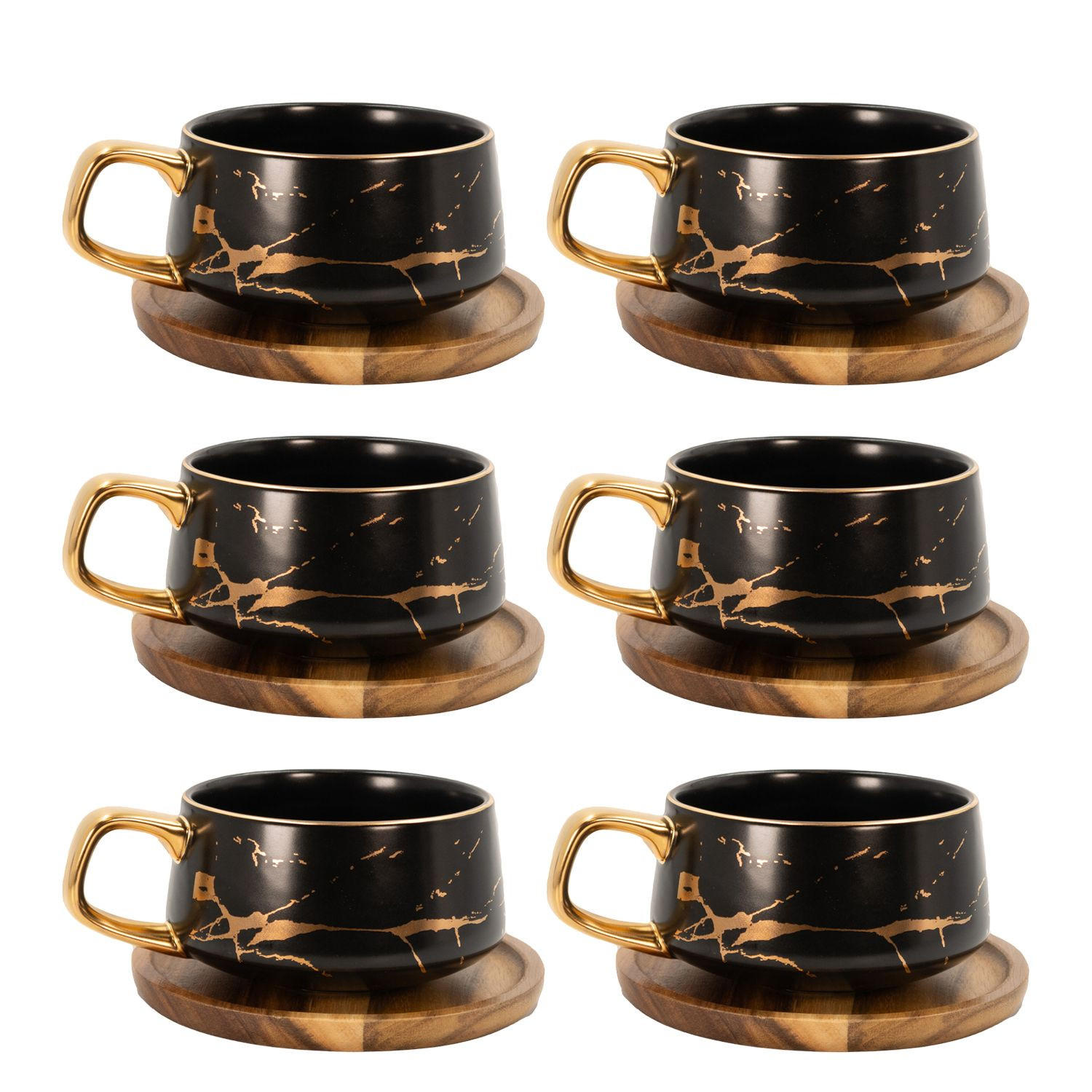 KAFFEETASSE Marmor Design 200 ml mit Untersetzer (6-tlg.) - Schwarz, Keramik (13/6.3/13cm) - Intirilife