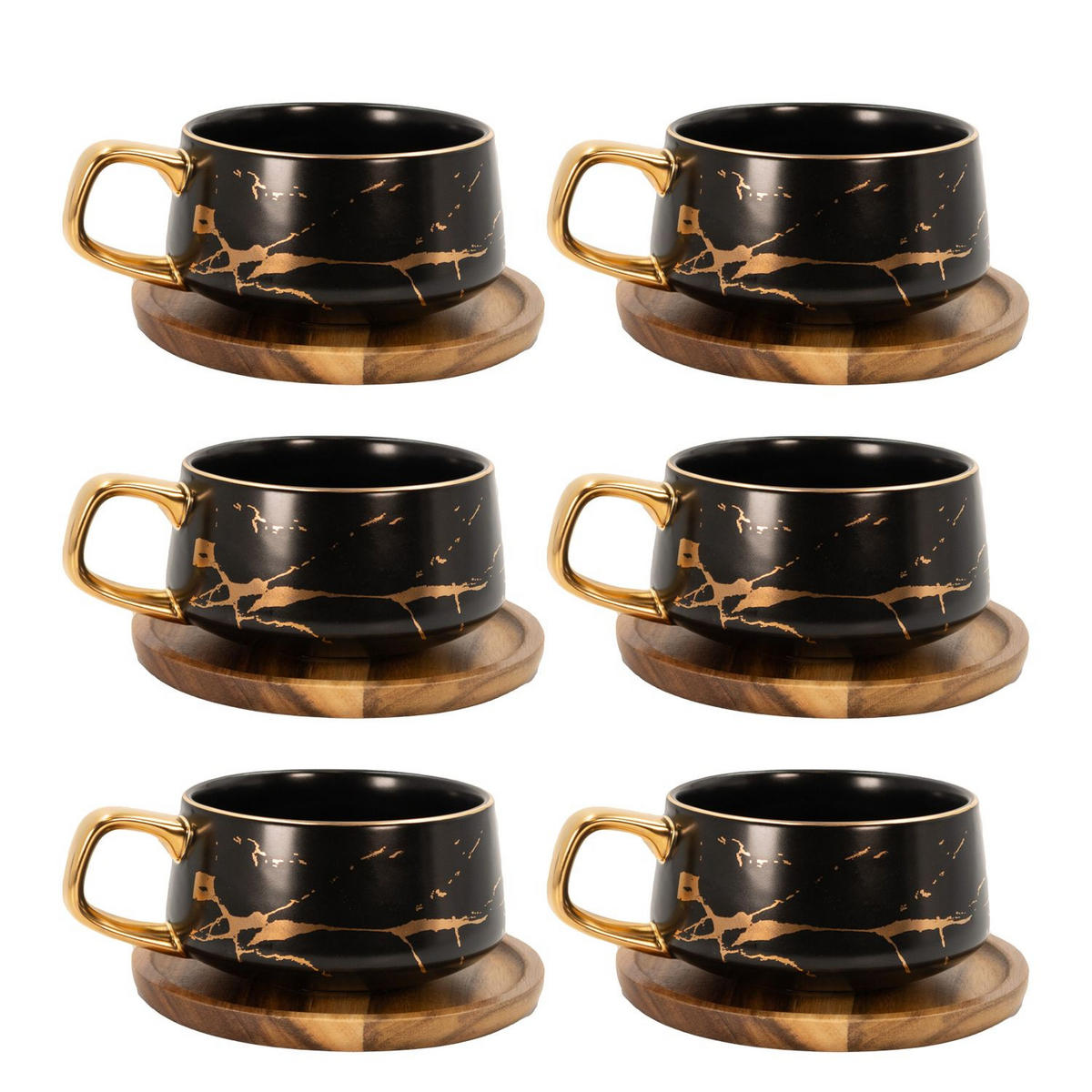 KAFFEETASSE Marmor Design 200 ml mit Untersetzer (6-tlg.) - Schwarz, Keramik (13/6.3/13cm) - Intirilife