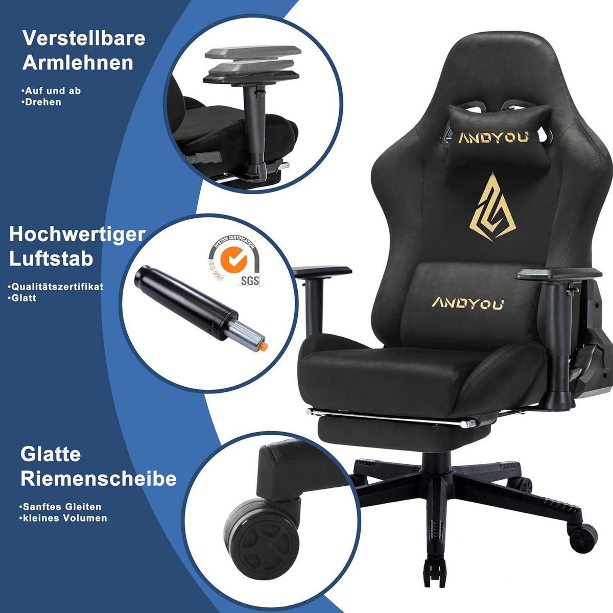 GAMING Stuhl mit Fußstütze und Lendenkissen, schwarz - Schwarz, Kunststoff (59/32/85cm)