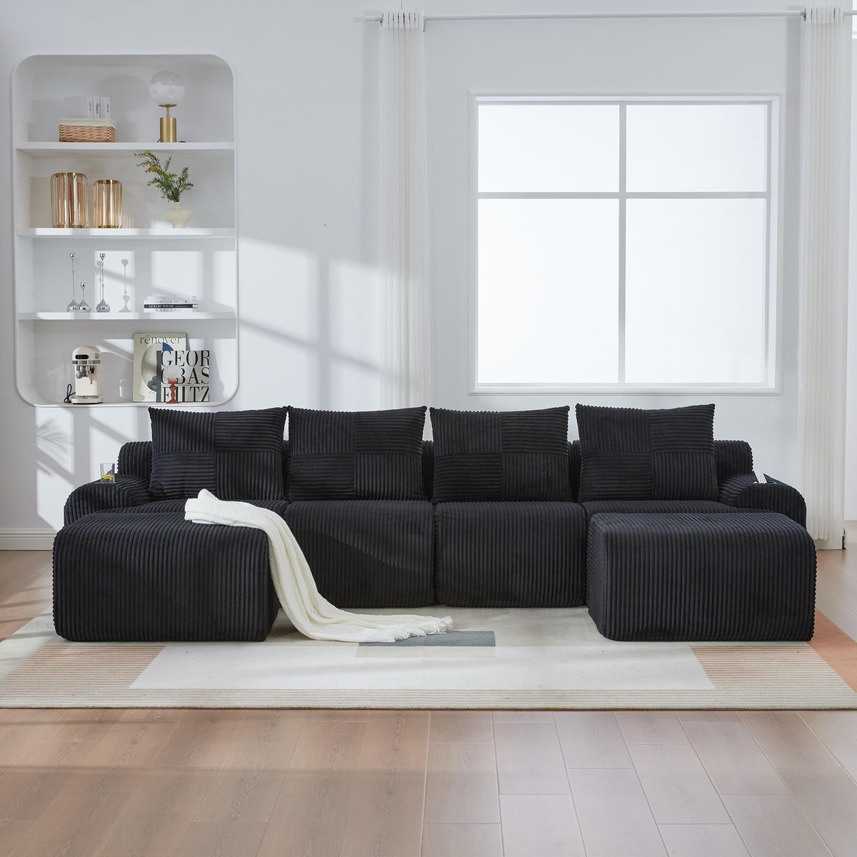WOHNLANDSCHAFT aus Cord 333x174x80 cm mit Cupholder & Seitentasche, schwarz - Schwarz, Textil (174/80/333cm) - Luhomfu