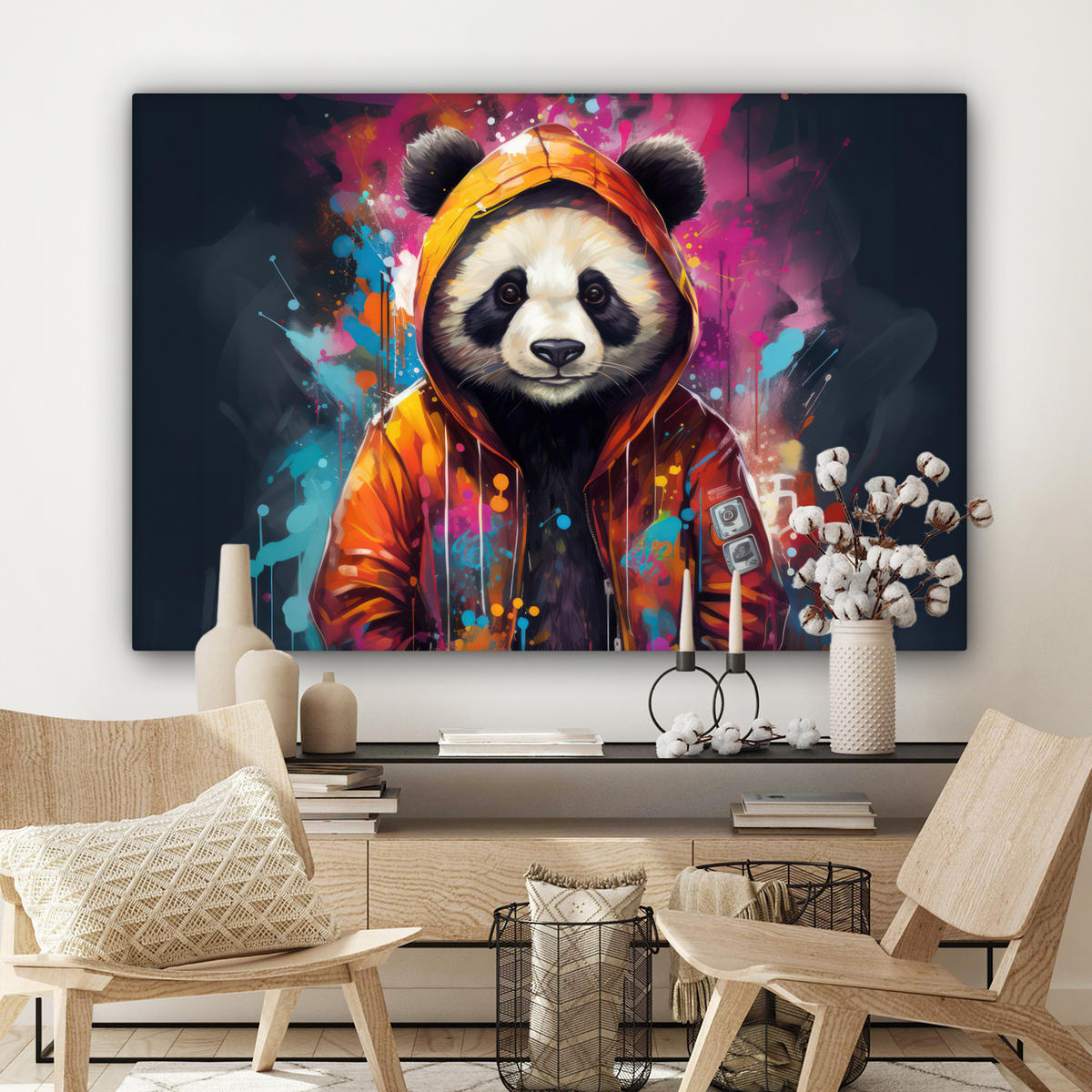 LEINWANDBILD Panda - Jacke - Graffiti - Orange XXL 150x100 cm - Orange, Textil (150/100cm) - MuchoWow