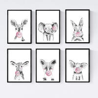 POSTER Set Mit 6 Tiere Babys Mit Kaugummi Hirschschweine Elefant Kaninchen Kuh Zorro - Schwarz, Papier (29/3cm) - Nacnic