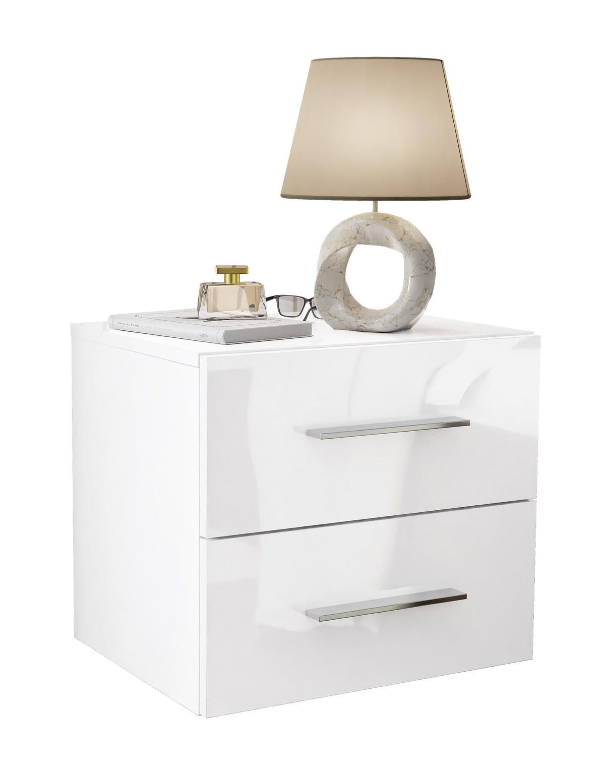 NACHTTISCH LINA LUX hängend mit Hochglanzplatte, Chromgriffe - Weiß, Holzwerkstoff (45/42/39cm) - Lookway