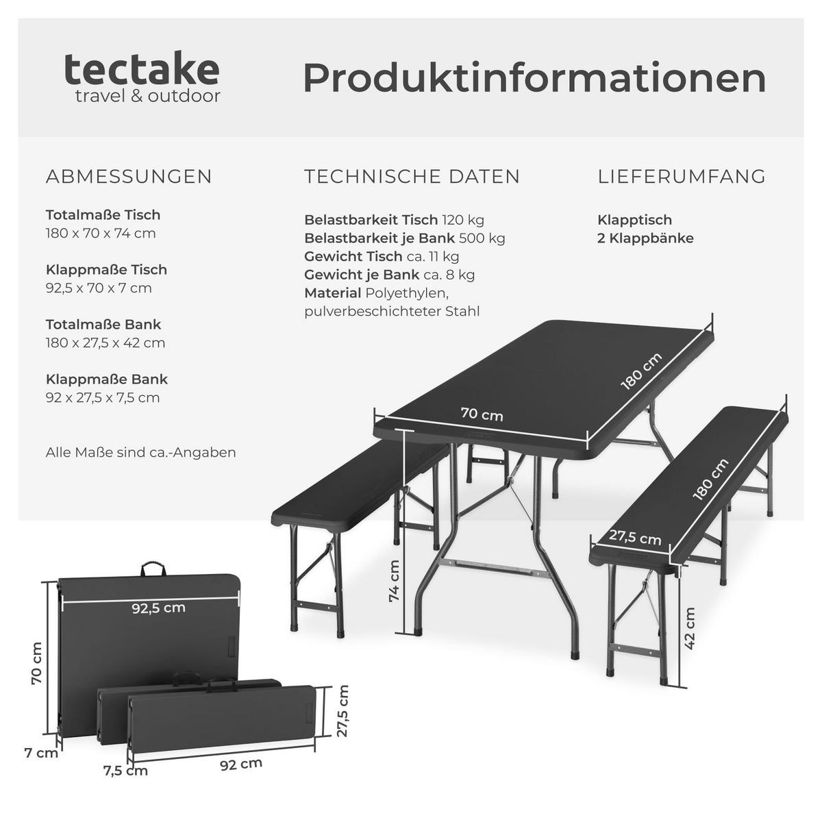 CAMPINGTISCHGARNITUR Panja, gummierte Tragegriffe, anthrazit - Anthrazit, Kunststoff (70/180/74cm) - tectake
