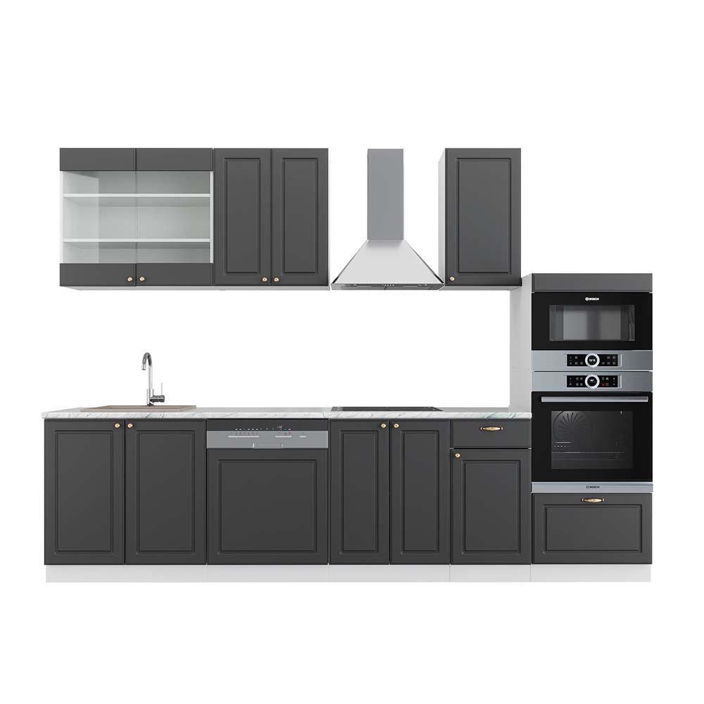 KÜCHENZEILE Fame-Line Anthrazit-Gold/Weiß 300 cm mit Hochschrank AP Marmor - Graphitfarben/Weiß, Holzwerkstoff (300/81.6/60cm) - Vicco