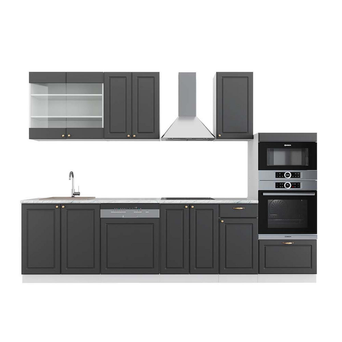 KÜCHENZEILE Fame-Line Anthrazit-Gold/Weiß 300 cm mit Hochschrank AP Marmor - Graphitfarben/Weiß, Holzwerkstoff (300/81.6/60cm) - Vicco