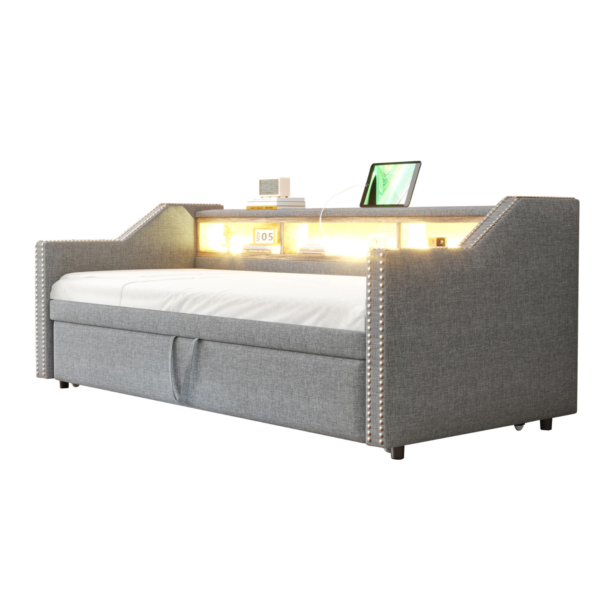SCHLAFSOFA 90/190 cm mit Ausziehfunktion, LED, USB und Ablagefächern, Hellgrau - Hellgrau, Textil (203.5/74/194cm) - Redom
