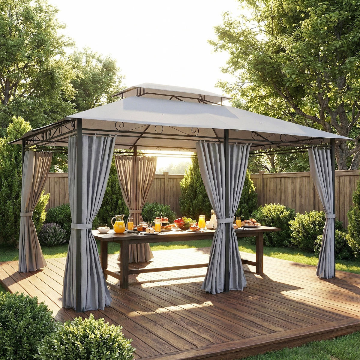 GARTENPAVILLON mit Vorhängen und belüftetem Dach, moderner Outdoor-Pavillon für Garten und Terrasse, Dunkelgrau - Dunkelgrau, Metall (400/280/300cm)