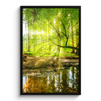 POSTER MIT RAHMENGERAHMTES BILD Wald - Landschaft - Wasser - Bäume - Sonne - Grün - Natur 60x90 cm - Grün, Papier (60/90cm) - MuchoWow