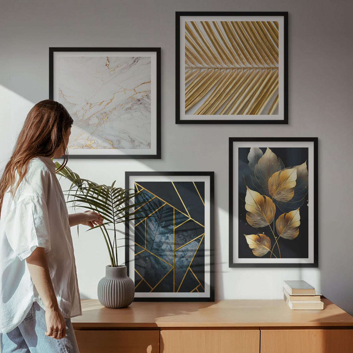 BILDER SET 4er Set - 50x50 cm & 40x60 cm Schwarzer Rahmen - Moderne Pflanzenmuster - Schwarz, Kunststoff (50/50cm) - TULUP