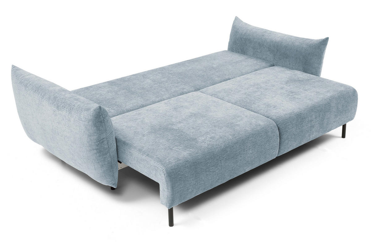 SOFA ADEL - Schlaffunktion Und Bettkasten, Wellenfederung, PUR-Schaum, Schwarze Metallfüße lose Rückenkissen, freistehend, 240x108x75 cm Light blue - Hellblau, Holz/Textil (240/75/108cm) - DomoHome