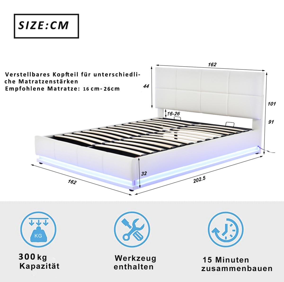 BETT mit LED und Bettkasten 160x200 cm Kunstleder White - Weiß, Metall (160/200cm) - Meubliv