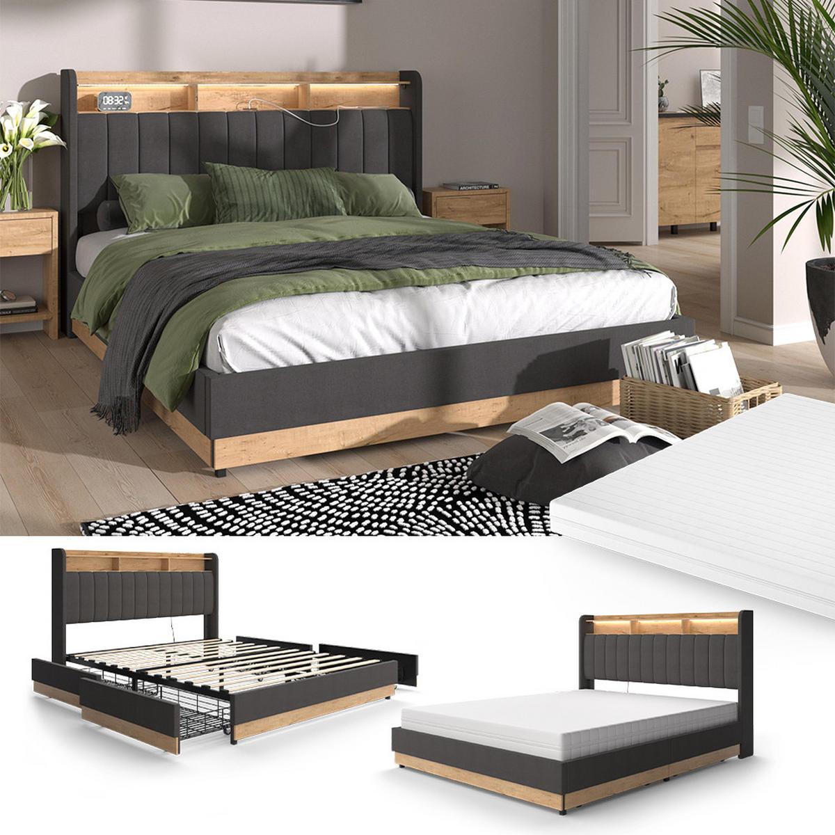 ČALOUNĚNÁ POSTEL Nura Antracit - antracitová/barva dubu, kompozitní dřevo - VitaliSpa