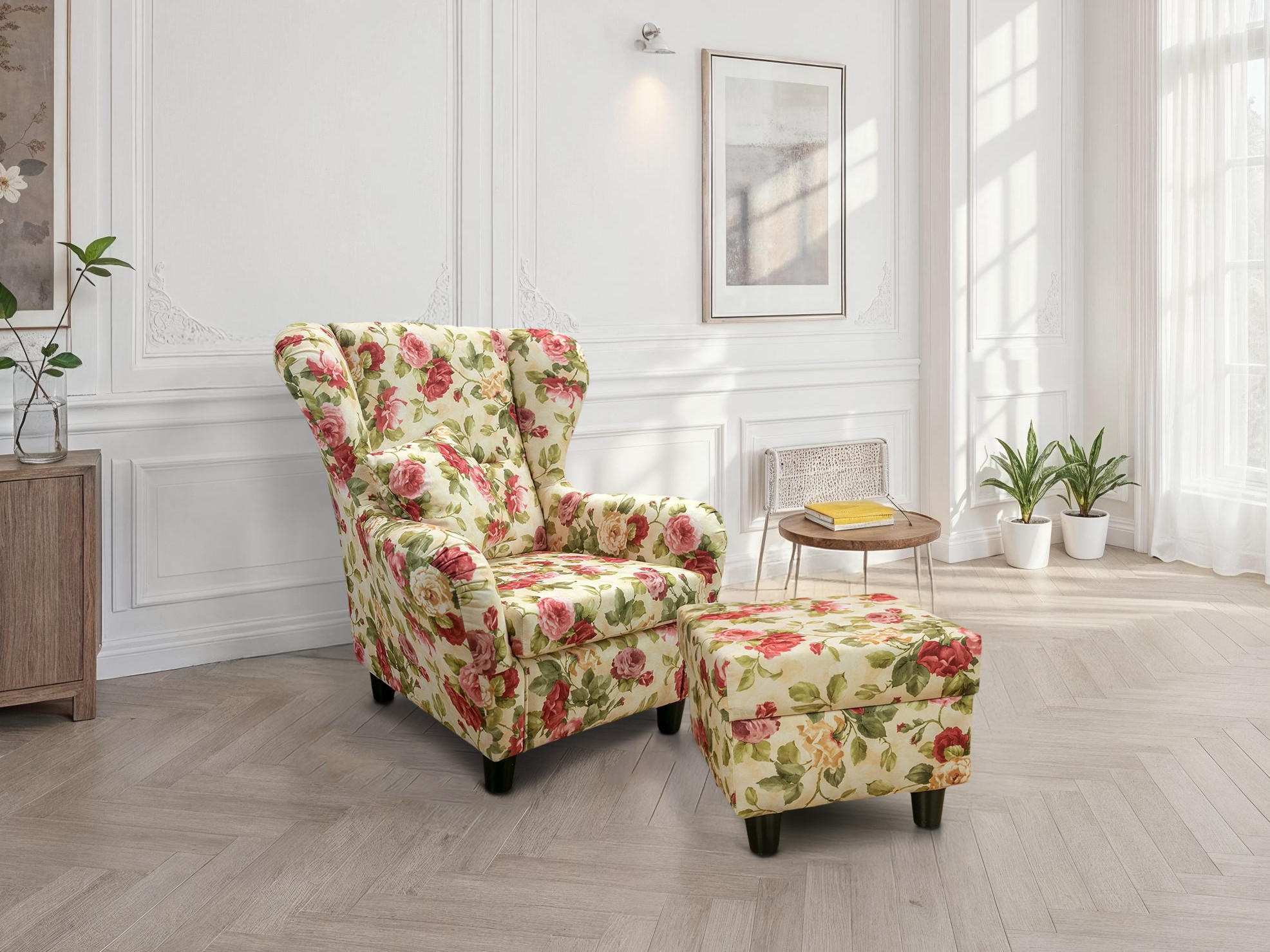 OHRENSESSEL mit HOCKER, hoher Sitzkomfort durch Wellenunterfederung B90/H98/T76 cm, Webstoff Blumenmuster bunt / 18004 - Beige/Multicolor, Holz/Textil (90/98/76cm) - luma-home