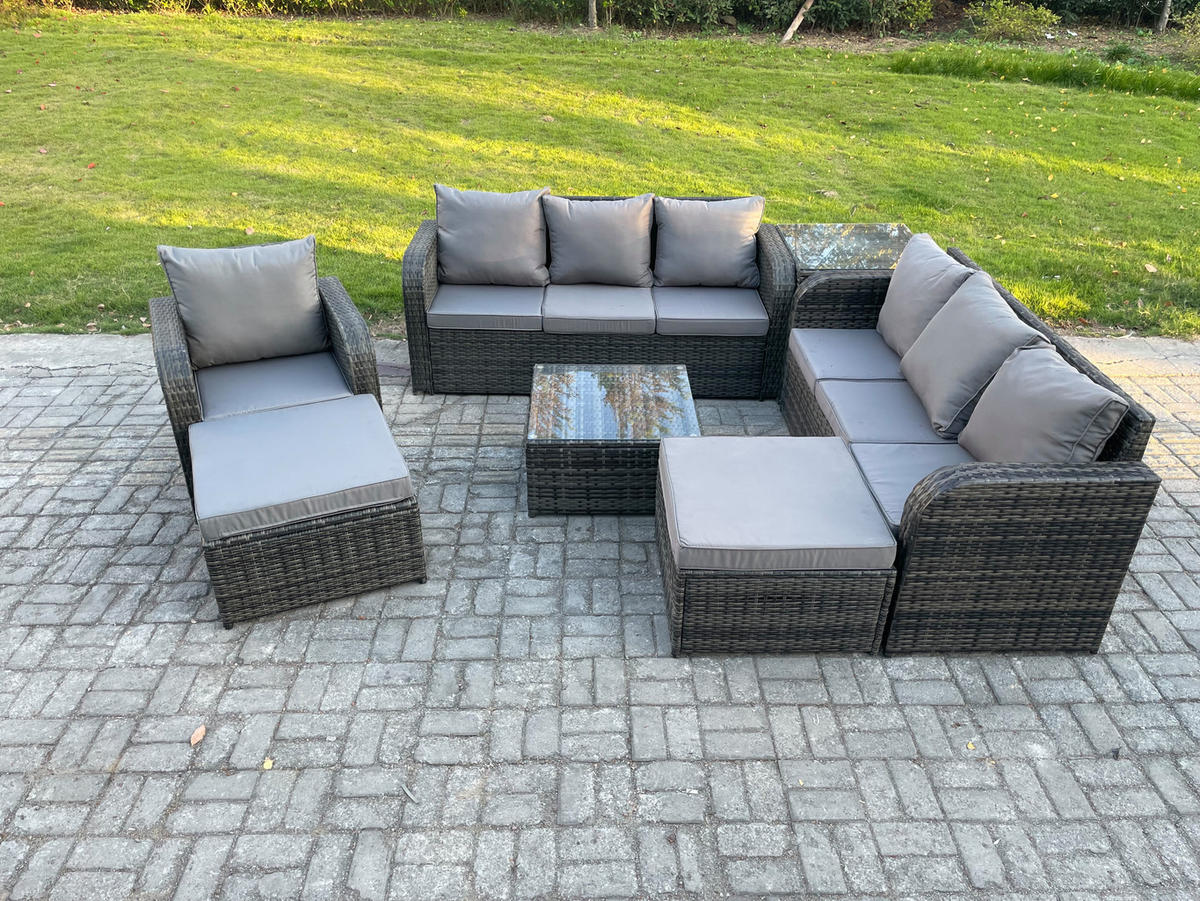 GARTENMÖBEL SET mit 3-SITZER SOFA Polyrattan Dunkelgrau 9-Sitzer - Dunkelgrau/Grau, Glas/Kunststoff - Fimous