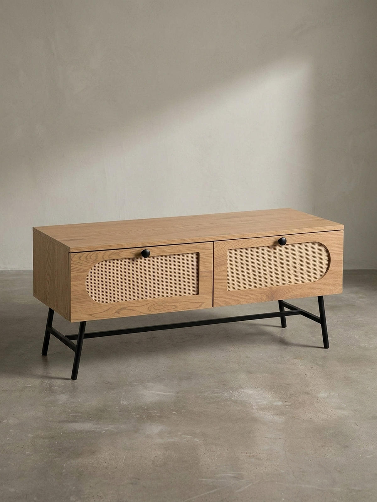 LOWBOARD Eiche-Dekor Rattan Modern Stil 100x45x40 cm mit Schubladen - Schwarz/Braun, Holzwerkstoff/Metall (100/45/40cm) - KADIMA DESIGN