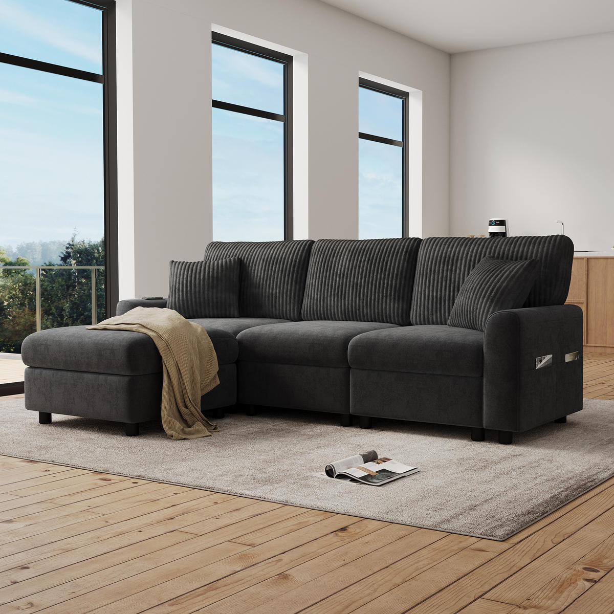ECKSOFA 223/146/84 cm Schwarz mit 1 Fußhocker, 2 quadratischen Kissen, 1 USB-Anschluss und 1 Type-C-Anschluss - Schwarz, Textil (146/84/223cm) - Oxeza