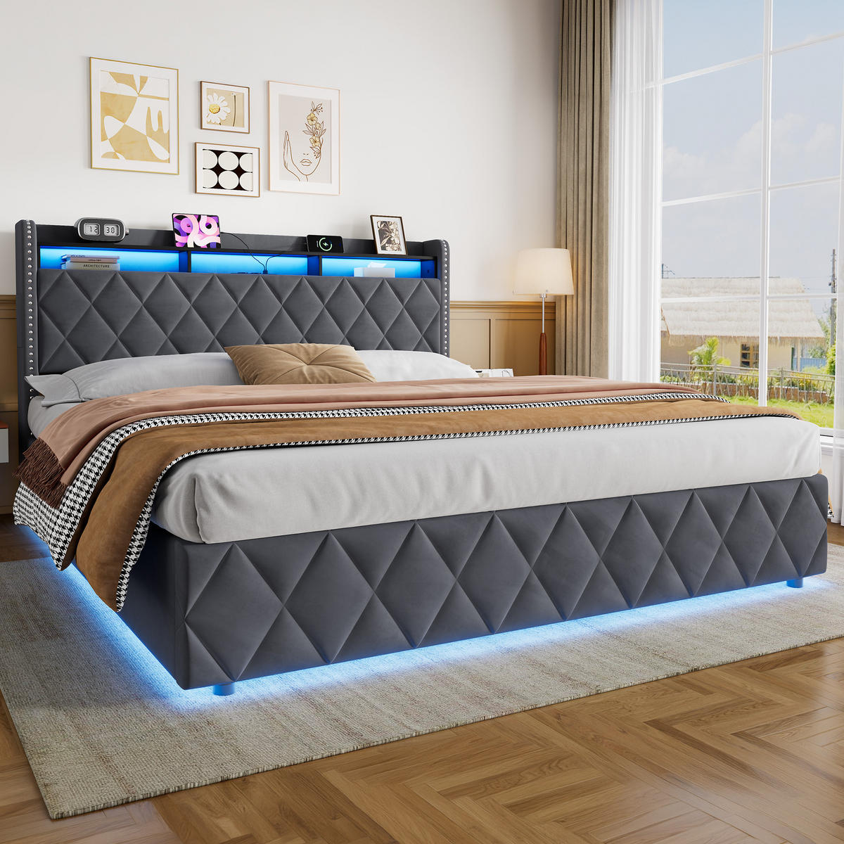 POLSTERBETT 180×200 mit LED-Beleuchtung, Bettkasten und Matratze - Grau, Holzwerkstoff/Textil (180/200cm) - EVRYAE