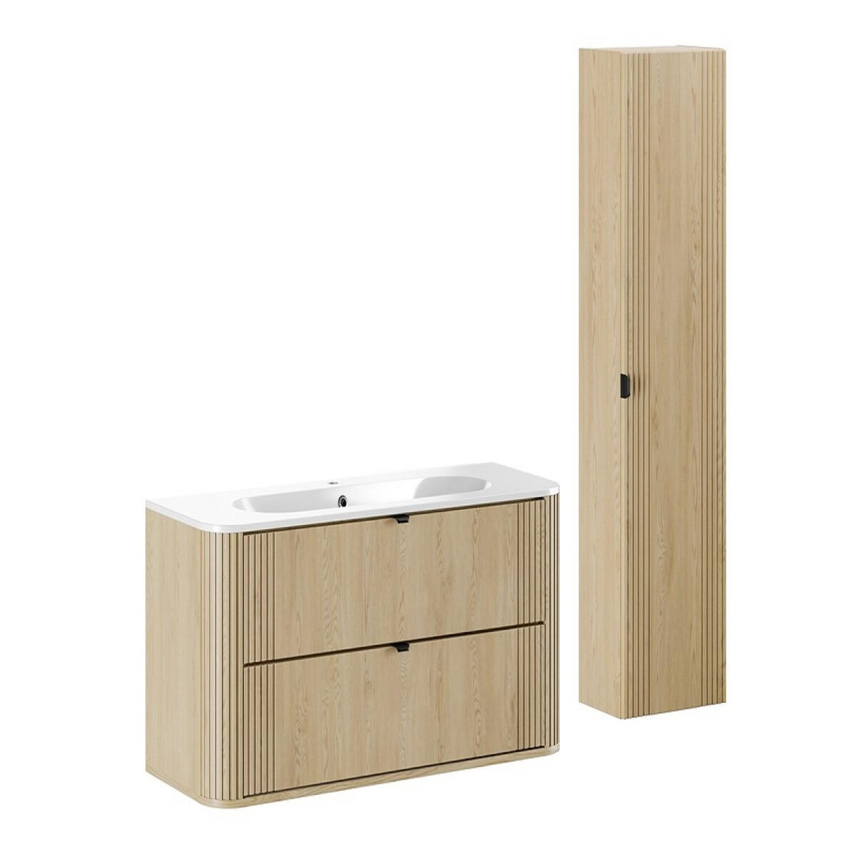 BADMÖBEL-SET 3 Teile 120 cm - Ovalia Cremona O BM404 in Cremona-Eiche - Eichefarben/Weiß Hochglanz, Holz/Keramik (120/140/46cm)