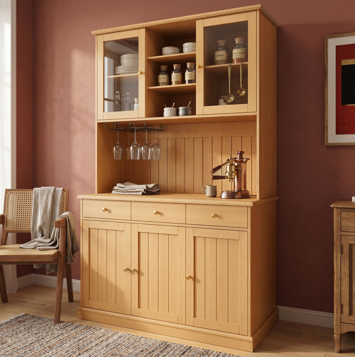 BUFFETSCHRANK aus Spanplatte 120x40x191 cm Naturfarben mit Glastüren, Gläserhalter und Steckdosen - Naturfarben, Holzwerkstoff (120/191/40cm) - IVMEU
