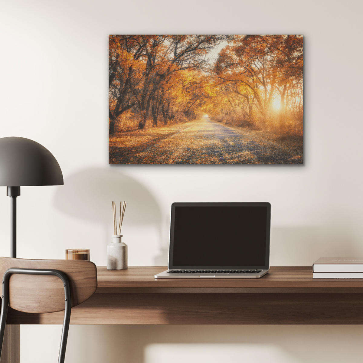 AKUSTIKBILD Wald - Herbst - Bäume - Waldweg - Natur Wanddeko 70x50 cm - Bernsteinfarben, Kunststoff (70/50/0.9cm) - MuchoWow
