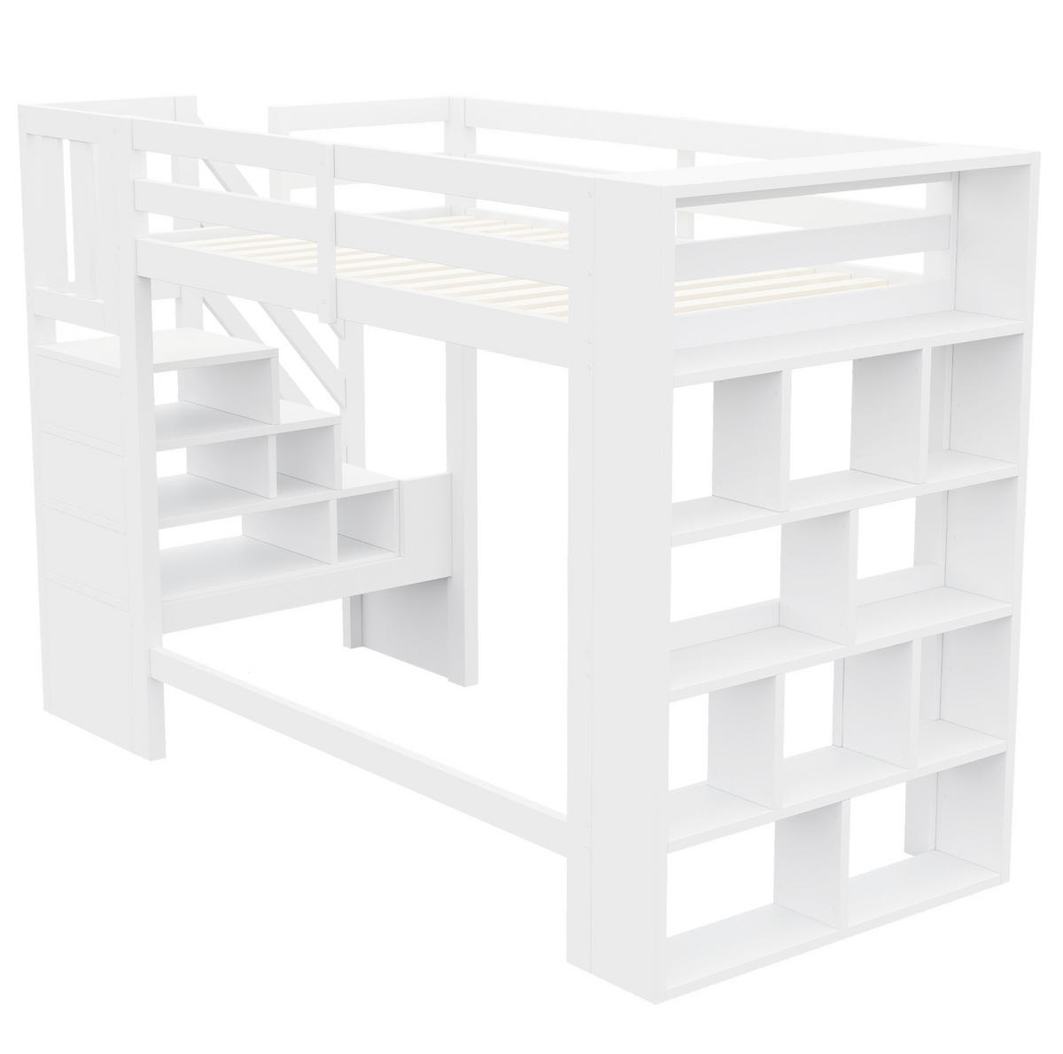 HOCHBETT aus Kiefernholz 90x200 cm Weiß mit Stauraumtreppe, Regalfächern und LED-Beleuchtung - Weiß, Holz (90/200cm) - Modfu