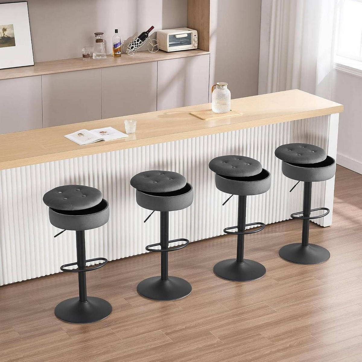 BARHOCKER 4er Set, drehbar, Samt, Dunkelgrau - Dunkelgrau/Schwarz, Textil/Metall (39/60.5/39cm) - Woltu