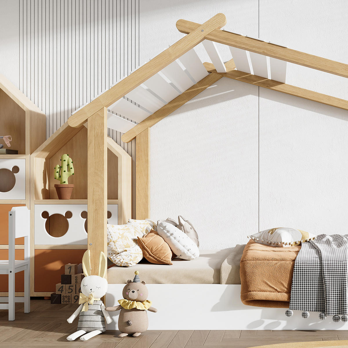 HAUSBETT aus Kiefer, Spanplatte und MDF 90x190 cm Weiß/Natur mit Lattenrost im Hausdesign - Weiß, Holzwerkstoff (90/200cm) - Modfu
