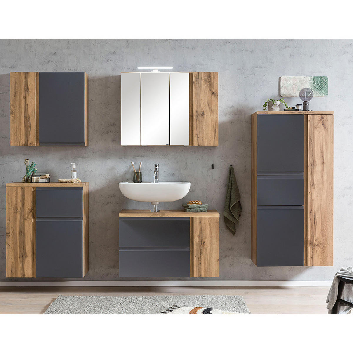 BADMÖBEL-SET 5-TLG. Vasto-03 - Grau, Holzwerkstoff (245/200/35cm) - Lomado