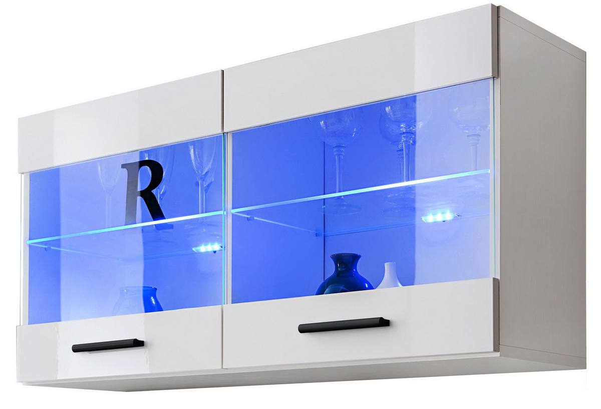 HÄNGEVITRINE SAVONA, Weiss, LED Blau - Schwarz/Weiß, Glas/Holzwerkstoff (100/50/27.2cm) - Komodee