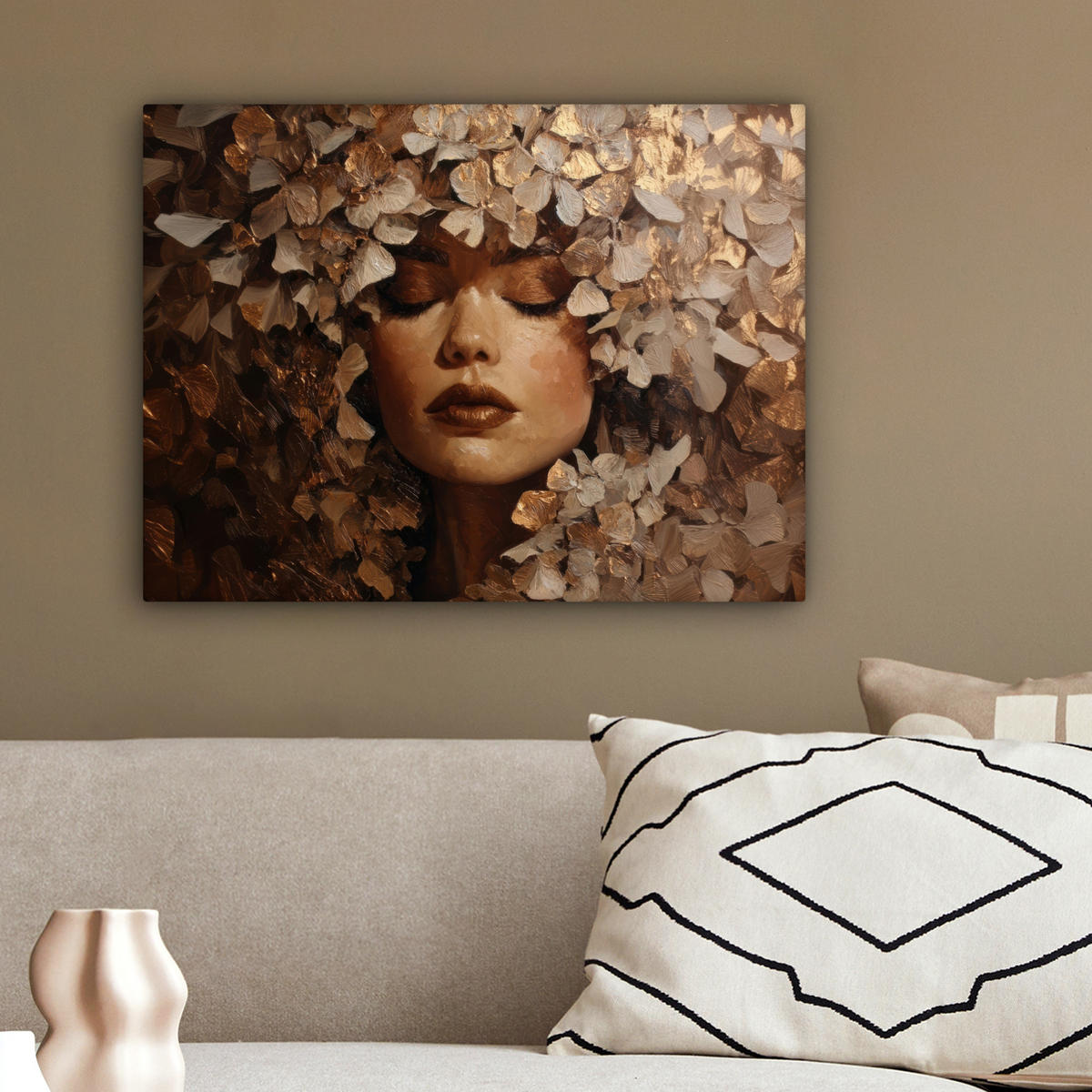 LEINWANDBILD Gesicht - Dame - Blätter - Pinselstriche Wandbild 40x30 cm - Goldfarben, Textil (40/30cm) - MuchoWow