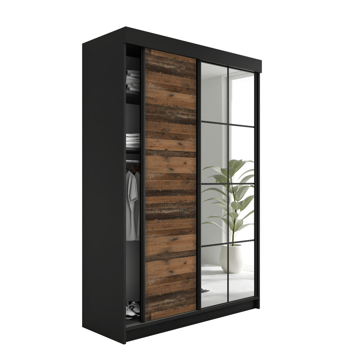 SCHIEBETÜRENSCHRANK LAMARO 167x205x59cm - Schwarz & Old Style - Dunkelbraun/Schwarz, Holzwerkstoff (167/205/59cm) - Kier Furniture