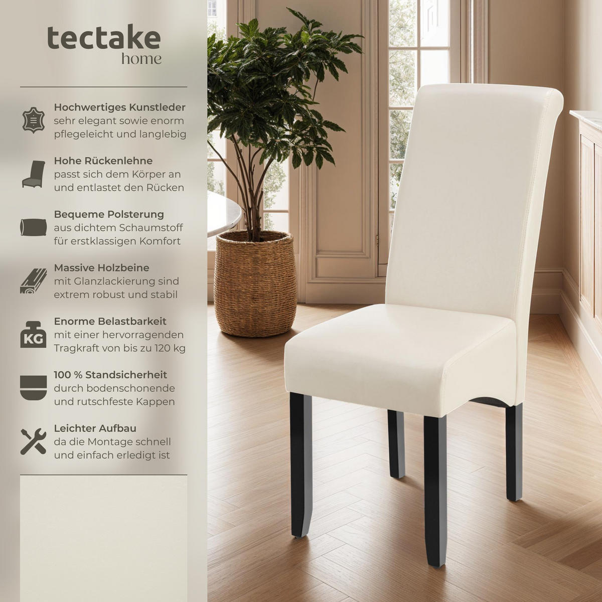 ESSZIMMERSTUHL 2er Set 44 x 63 x 106 cm creme - Creme, Textil (44/106/45cm) - tectake