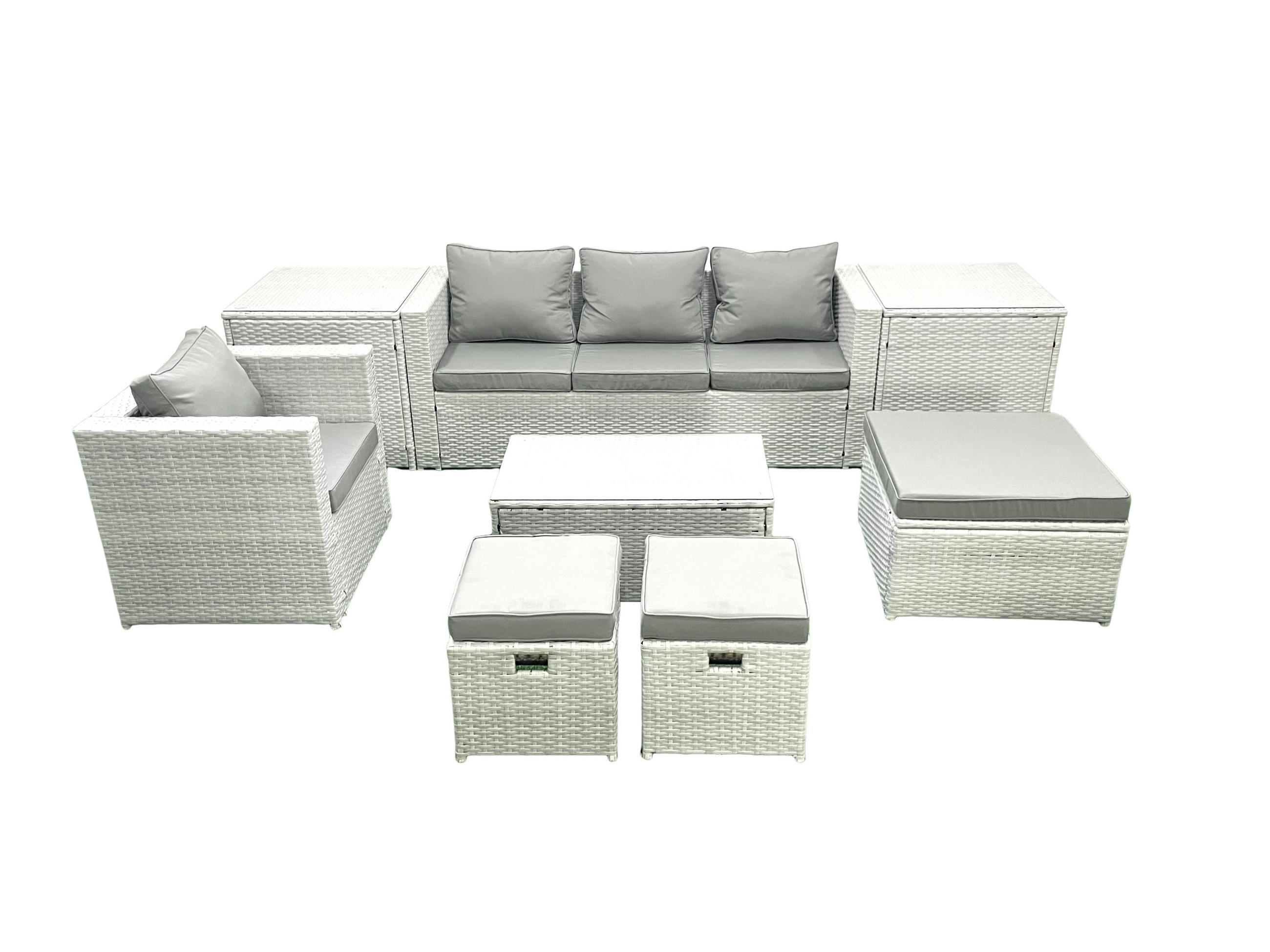 GARTENSET mit 3-SITZER SOFA,COUCHTISCH Polyrattan Hellgrau-Mix 7-Sitzer - Hellgrau/Grau, Glas/Kunststoff - Fimous