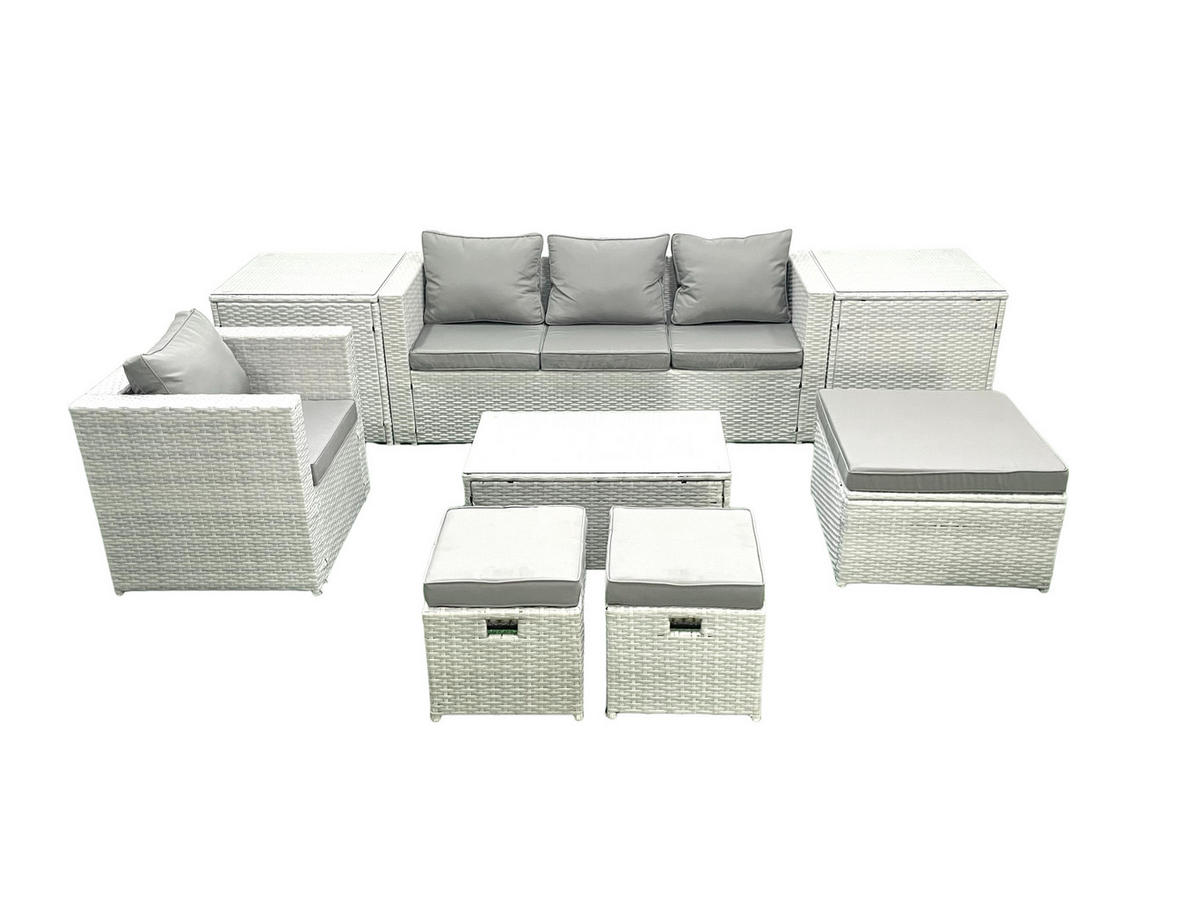 GARTENSET mit 3-SITZER SOFA,COUCHTISCH Polyrattan Hellgrau-Mix 7-Sitzer - Hellgrau/Grau, Glas/Kunststoff - Fimous