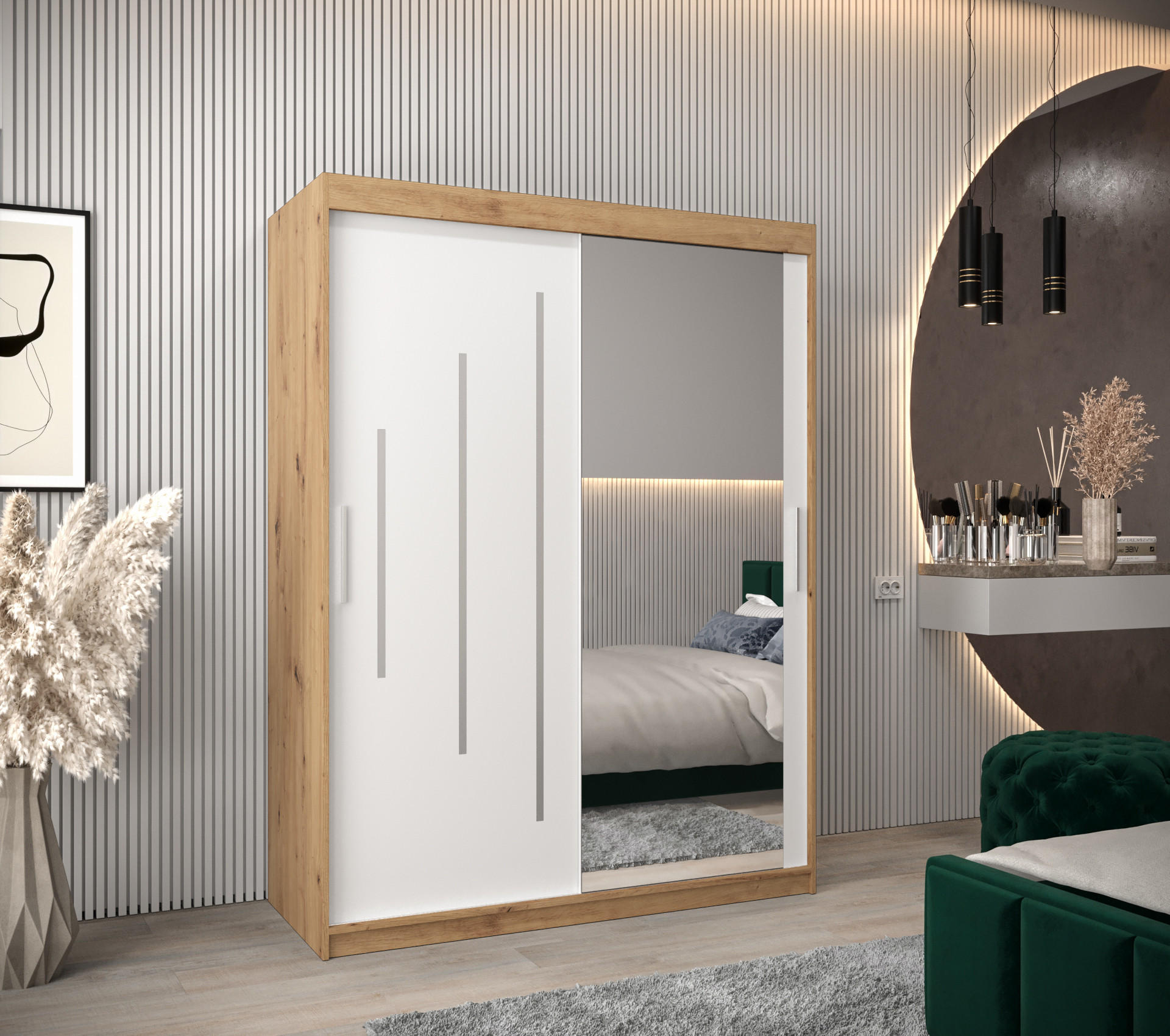 SCHWEBETÜRENSCHRANK 200/150/62 2-türig - Silberfarben/Eiche Artisan, Holz/Kunststoff (150/200/62cm) - Abiks Möbel