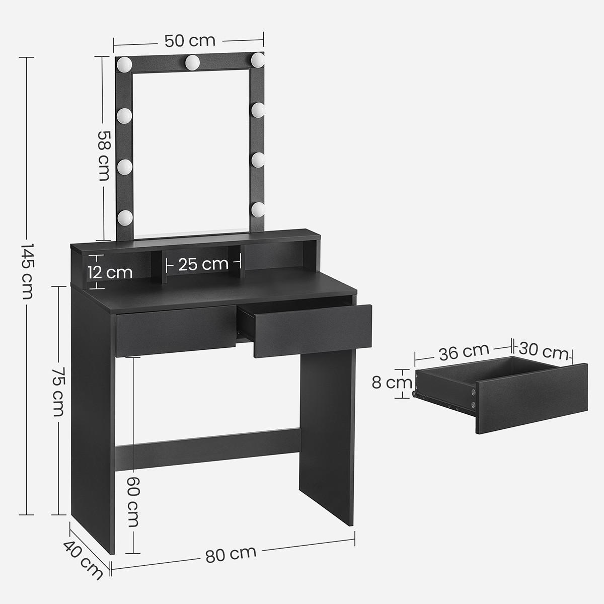 SCHMINKTISCH 1 Schublade, 3 Fächer und 1 Spiegel mit Lampen Schwarz – B80 cm - Schwarz, Holzwerkstoff (40/145/80cm) - Calicosy