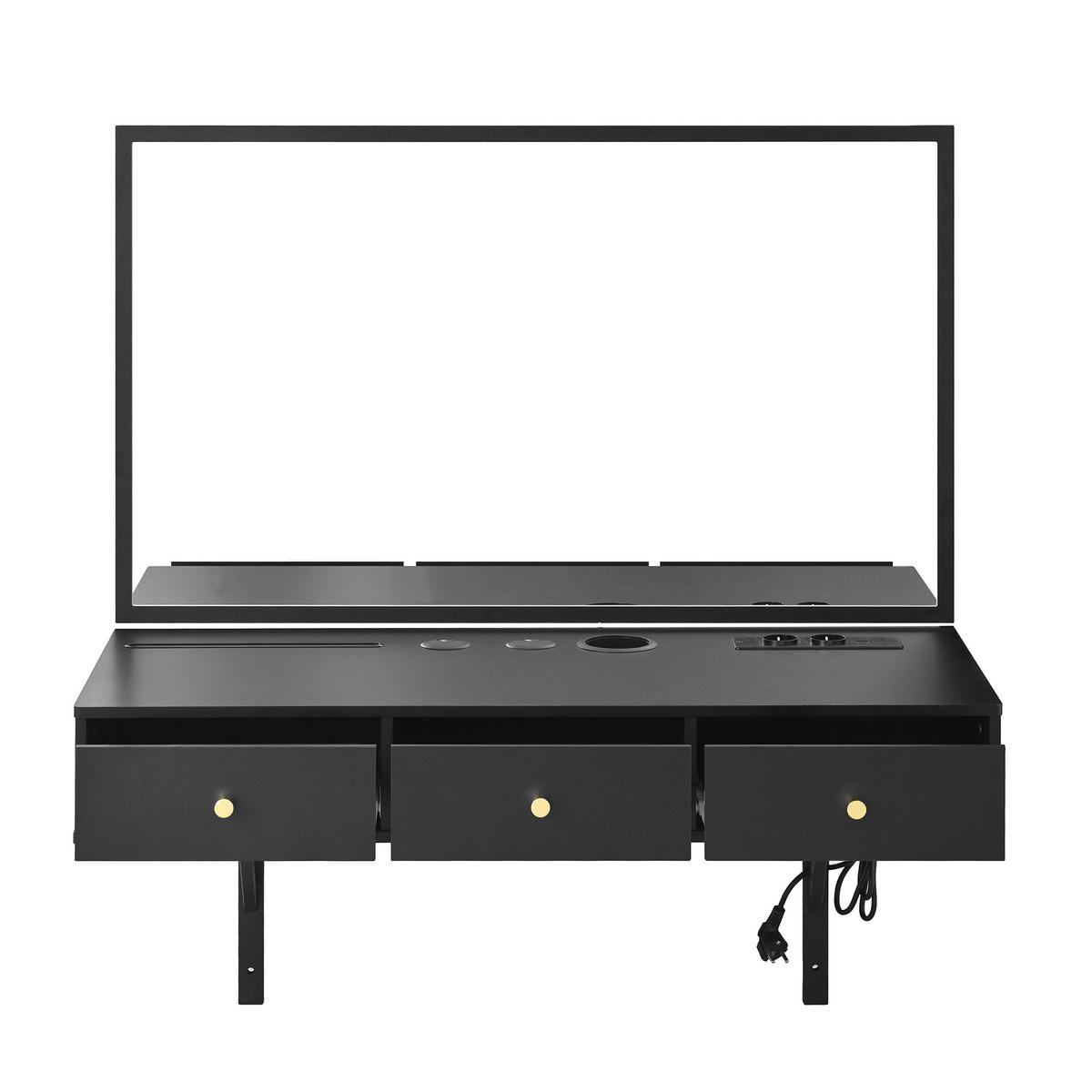 SCHMINKTISCH 100/105/45 cm schwarz mit 3 Schubladen und Steckdosen - Schwarz, Holzwerkstoff (100/105/45cm) - OKWISH