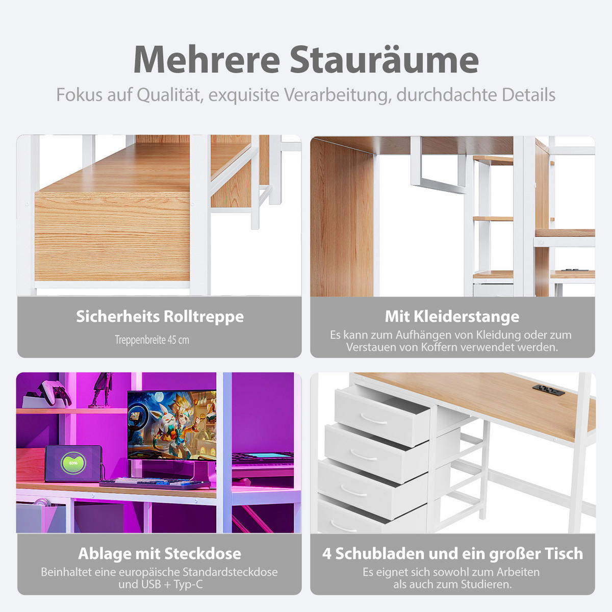 HOCHBETT 140/200 cm in Weiß mit Schreibtisch, Ablagefächern, Kleiderstange, LED und Steckdose - Weiß, Holzwerkstoff/Metall (140/200cm) - CHICFURN