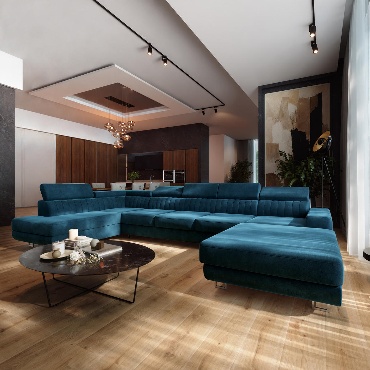WOHNLANDSCHAFT GAIAN Blau Velours-Stoff mit Schlaffunktion - Blau, Holz (412/88/190cm) - MASSENO