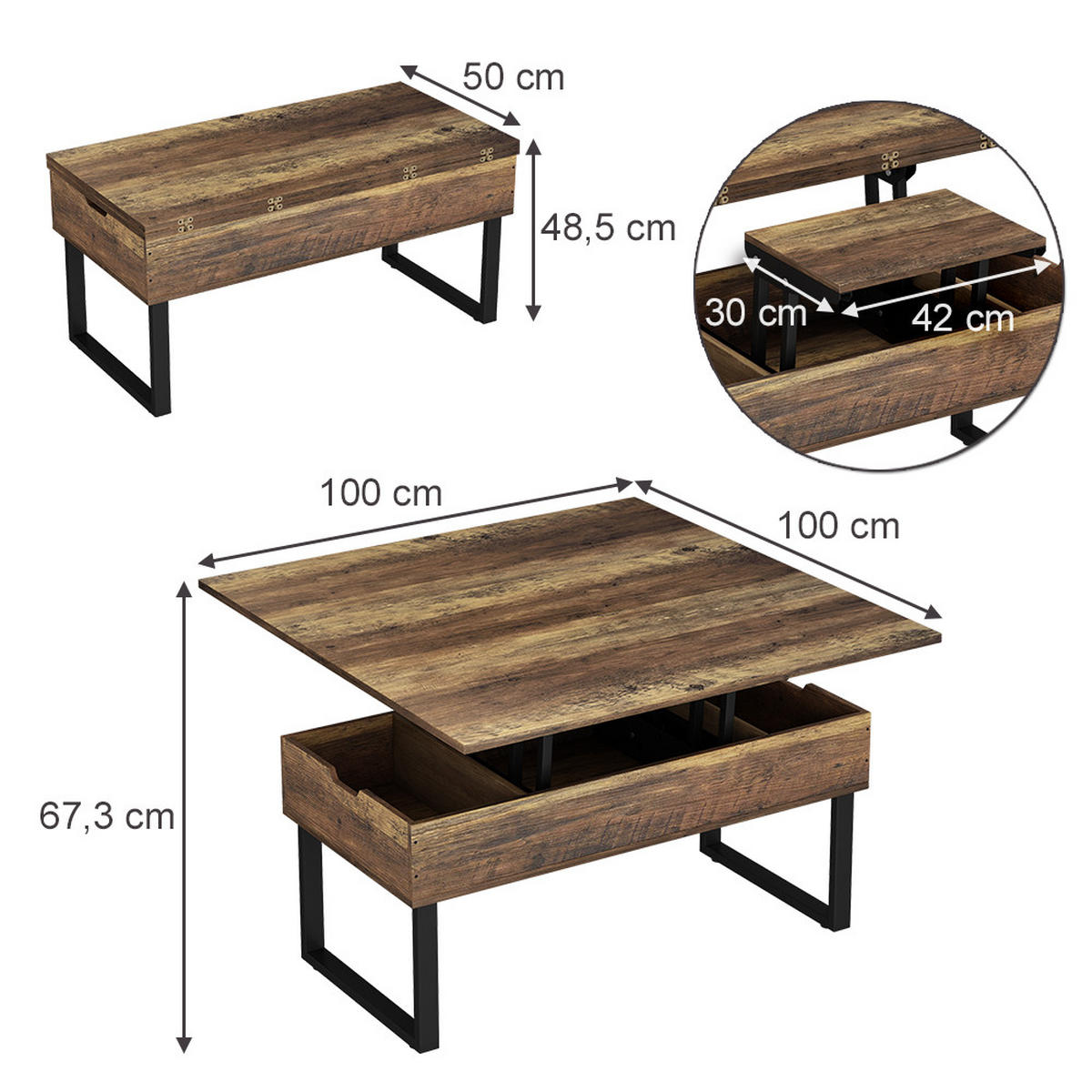 COUCHTISCH Lifty Eiche rustikal 100 x 50 cm mit Liftfunktion - Wildeiche, Holzwerkstoff (50/100/48.5cm) - Vicco