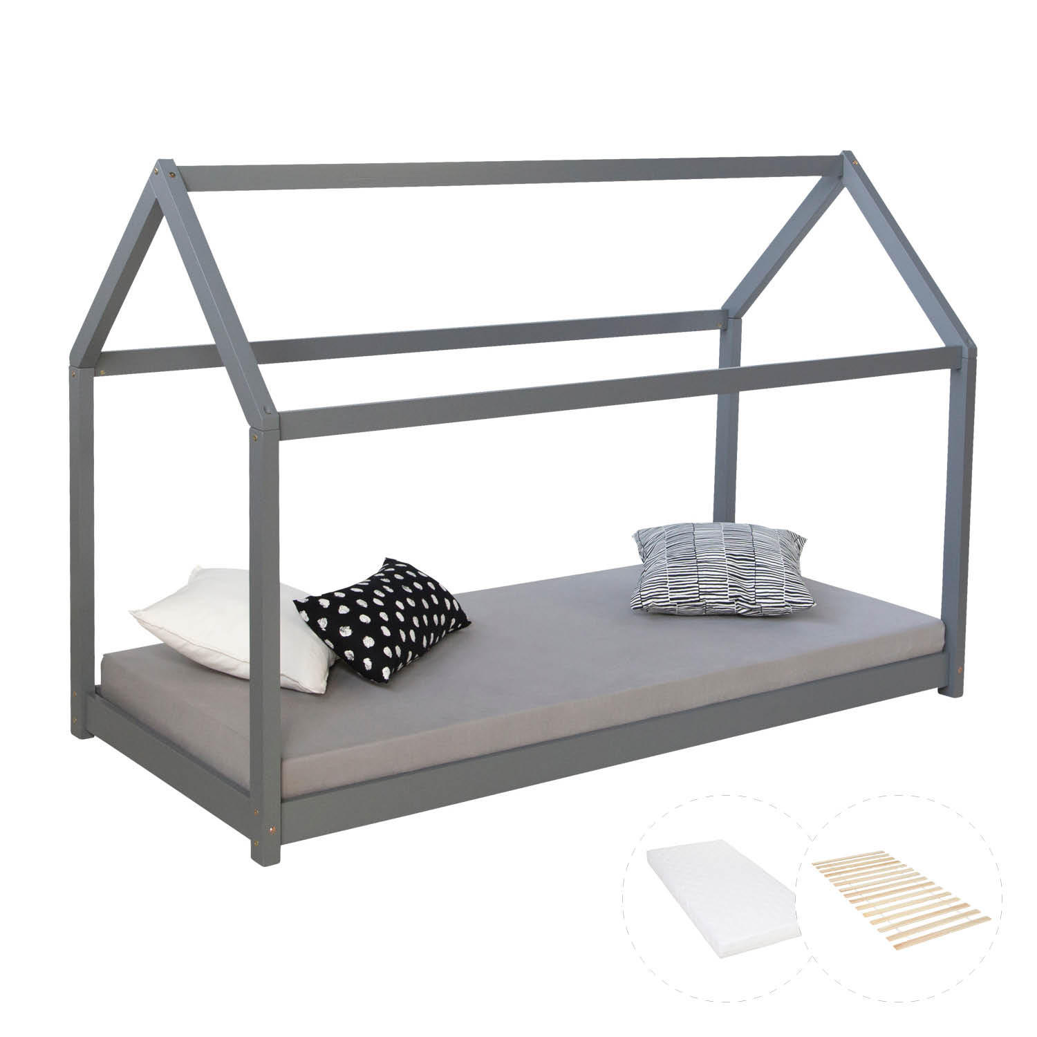 HAUSBETT 80/160 Grau mit Matratze und Lattenrost - Grau, Holz (88/137/166cm) - Homestyle4u