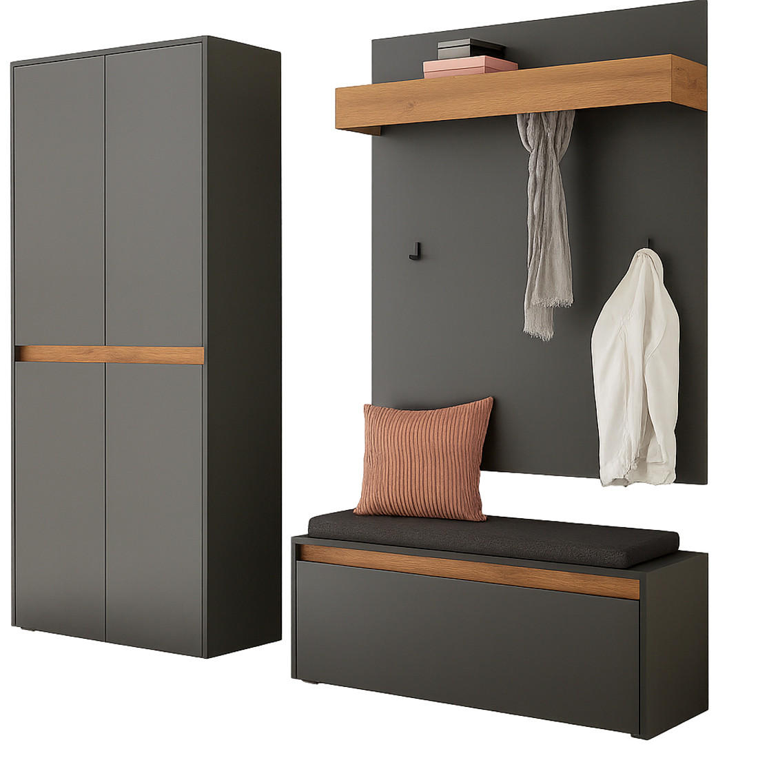 GARDEROBEN-SET grau matt, Eiche Wotan 195 cm 4-teilig, Garderobenkombination mit viel Stauraum - Eiche Wotan/Schwarz, Holzwerkstoff/Kunststoff (195/200/40cm) - Furn.Design