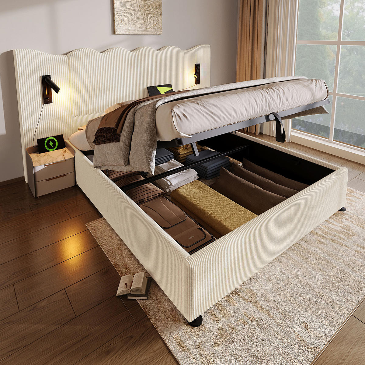 BETT mit Stauraum und Leselampe 180x200 cm Cord Beige-Weiß - Beige, Metall (180/200cm) - Meubliv