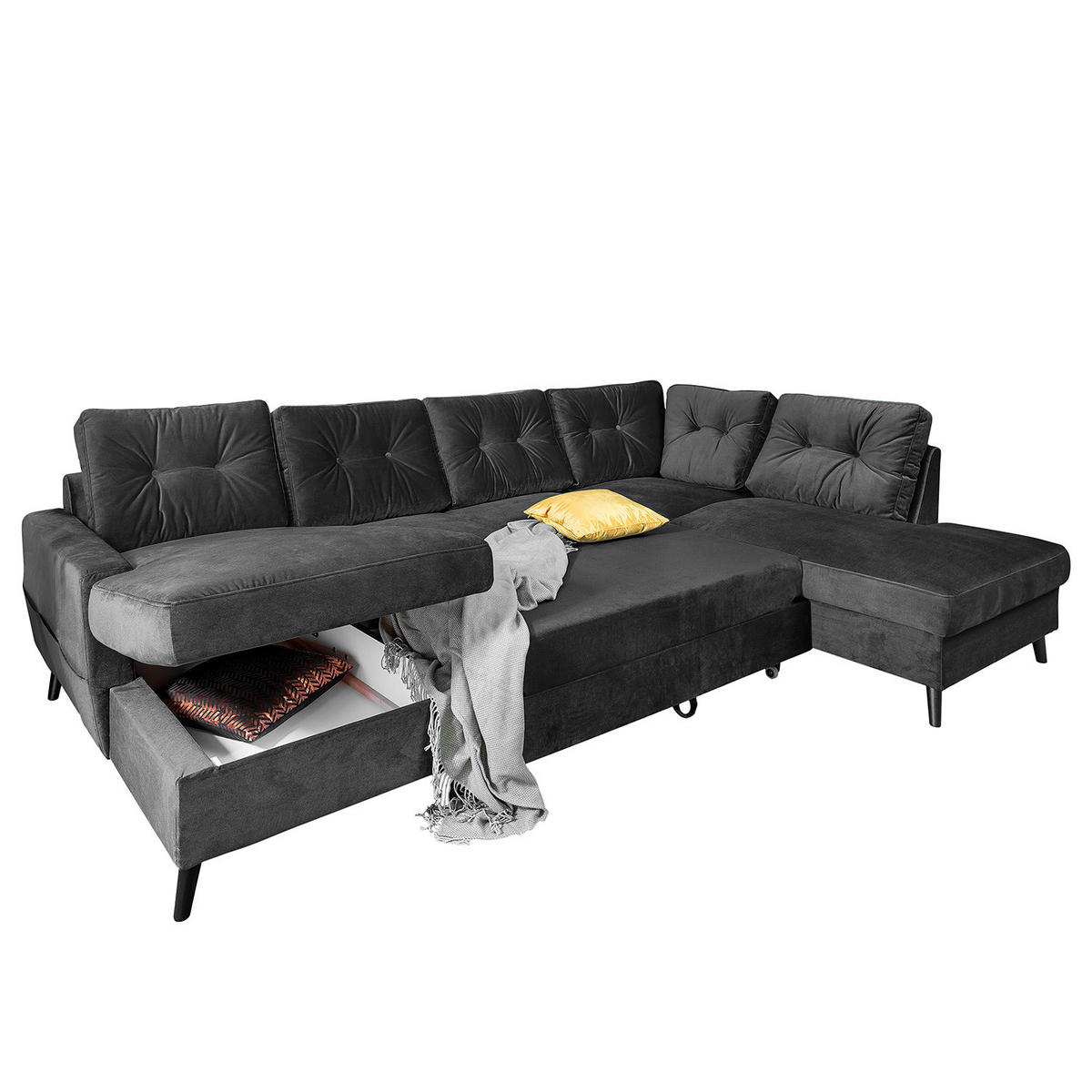 WOHNLANDSCHAFT mit Longchair - Schwarz/Grau, Buchenholz/Textil (297/90/200cm) - home24